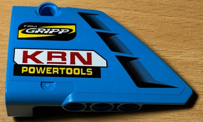 Lego Technic, Panel Fairing #13 Large Short Smooth, Side A with 'KRN POWERTOOLS' Red and Yellow and Vents Pattern (Sticker) - Set 42077 / Dark Azure
