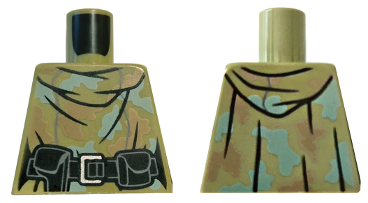 Lego Torso Female Hooded Shirt Camouflage with Sand Green and Dark Tan Spots, Black Belt with Holster and Pouch Pattern / Olive Green