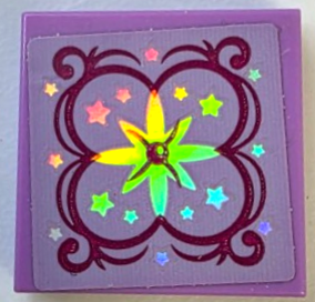 Lego Tile 2 x 2 with Cushion with Iridescent Mirrored Flower and Stars, Magenta Filigree and Button on Lavender Background Pattern (Sticker) - Set 41686 / Medium Lavender