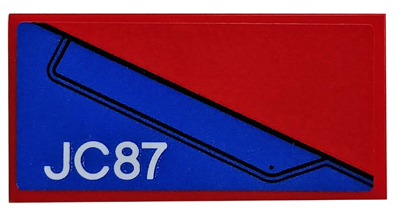 Lego Tile 2 x 4 with Blue Wing Panel and 'JC87' on Red Background Pattern Model Right Side (Sticker) - Set 76076