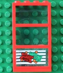 Lego Window 1 x 4 x 6 with 3 Panes with Fixed Trans-Light Blue Glass with Money and Red Ticket Left Pattern (Sticker) - Set 4556 / Red