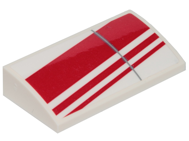 Lego Slope, Curved 2 x 4 x 2/3 with Bottom Tubes with 3 Diagonal Red Stripes Pattern Model Right Side (Sticker) - Set 75249 / White