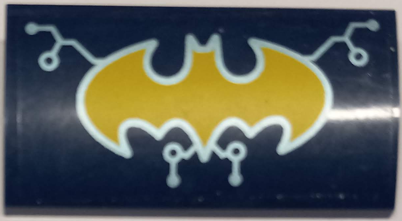 Lego Slope, Curved 2 x 4 x 2/3 with Bottom Tubes with Yellow Batman Logo with Silver Outline and Circuitry Pattern (Sticker) – Set 41237