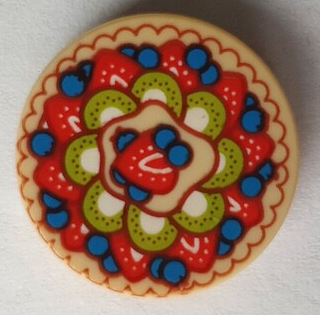 Lego Tile, Round 2 x 2 with Bottom Stud Holder with Strawberry, Kiwi, and Blueberry Fruit Pie / Pavlova Pattern (BAM)