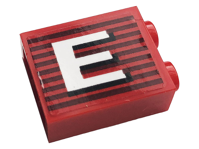 Lego Brick 1 x 2 x 2 with Inside Stud Holder with Gray Stripes and White Capital Letter E Pattern Model Right Side (Sticker) - Set 10272