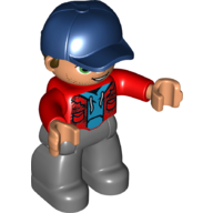 Lego Duplo Figure with Cap Dark Blue, with Red Jacket over Shirt - Dark Bluish Gray Legs / Red