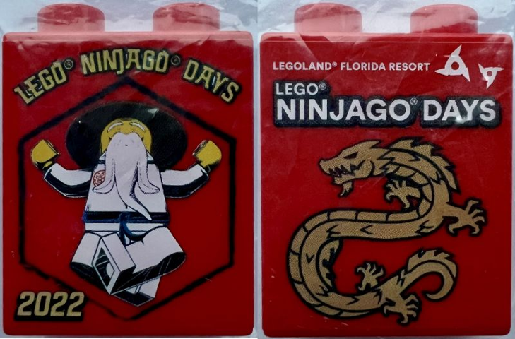 Lego Duplo, Brick 1 x 2 x 2 with LEGO Ninjago Days 2022 LEGOLAND Florida Resort, Dragon and Wu Sensei Minifigure Pattern / Red