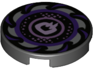 Lego Tile, Round 2 x 2 with Bottom Stud Holder with Dark Purple and Silver Saw Blade, Circles in Center Pattern / Black