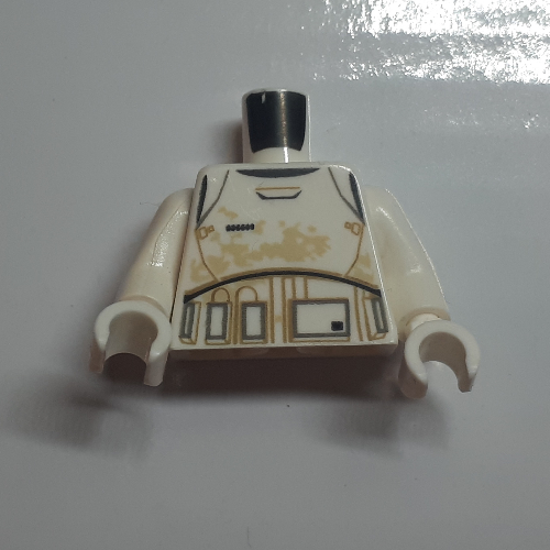 Lego Torso Armor, Black, Gray and Dark Tan Lines and Tan Dirt Stains Print, White Arms and Hands / White