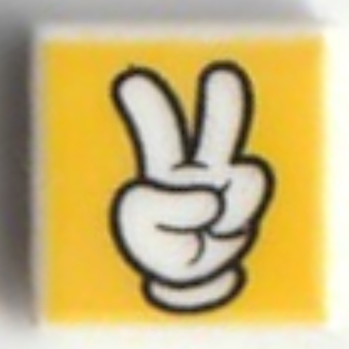 Lego Tile 1 x 1 with Mickey Mouse Glove/Hand, 2 Fingers Up on Yellow Background Print / White