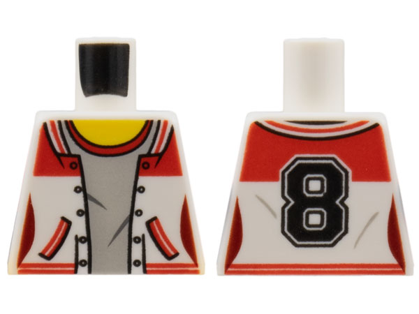 Lego Torso Female Jacket Open, Light Bluish Gray Shirt with Red Collar, Yellow Neck, Black Number 8 on Back Pattern / White
