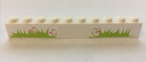 Lego Brick 1 x 10 with Grass and Hearts Pattern (Stickers) - Set 7586 / White