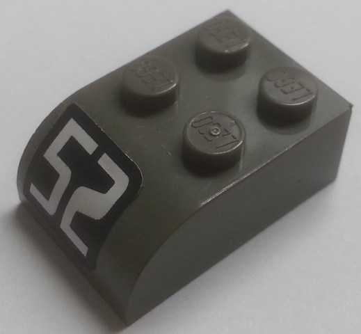 Lego Slope, Curved 3 x 2 with 4 Studs with White '52' on Black Background Pattern (Sticker) - Set 4589 / Dark Gray