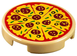 Lego Tile, Round 2 x 2 with Bottom Stud Holder with Sliced Pizza with Red Tomato Sauce, Yellow Cheese, Dark Red Pepperoni, Black Olives and Green Bell Peppers Pattern / Tan