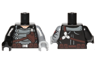Lego Torso Gray Armor with Holster Pattern (Winter Soldier) / Flat Silver Arm Left with Red Star Pattern  / Black Arm Right / Light Bluish Gray Hand Left / Black Hand Right