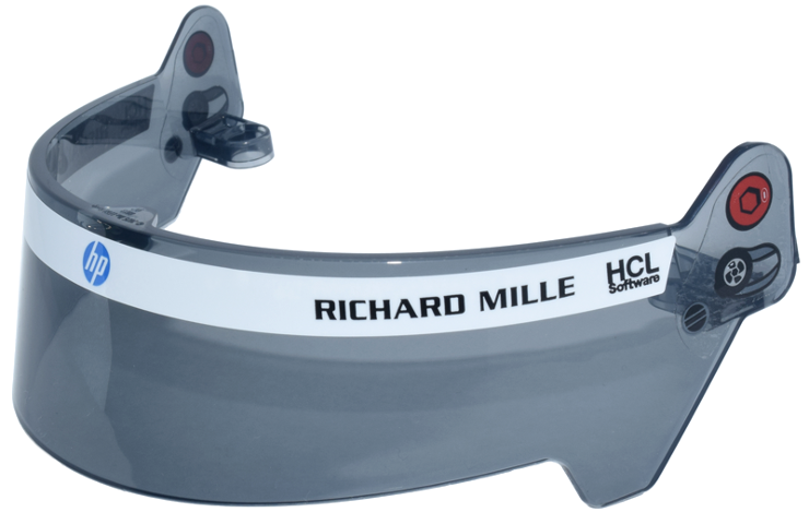 Lego Sports Motorcycle Helmet Large Visor with Red Bolt, Light Bluish Gray Fan and Vent, Black 'HCL Software' 'RICHARD MILLE' and Blue Circle 'hp' Logos Pattern (Stickers) - Set 43014