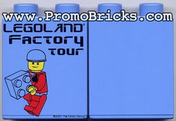 Lego Duplo, Brick 1 x 2 x 2 with LEGOLAND Factory Tour with Minifigure Holding Brick Pattern / Medium Blue
