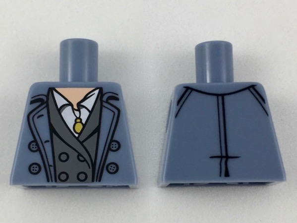 Lego Torso Trench Coat Open with Buttons over Dark Bluish Gray Jacket and White Shirt, Gold Pendant Necklace, Light Nougat Neck Pattern / Sand Blue
