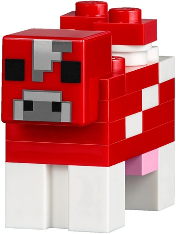Lego Minecraft Cow, Mooshroom (Red and White, Dark Bluish Gray Pixel Between Eyes) - Brick Built