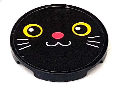 Lego Tile, Round 3 x 3 with Cat Face with Yellow Eyes, Coral Nose and White Whiskers Pattern (Sticker) - Set 41699 / Black