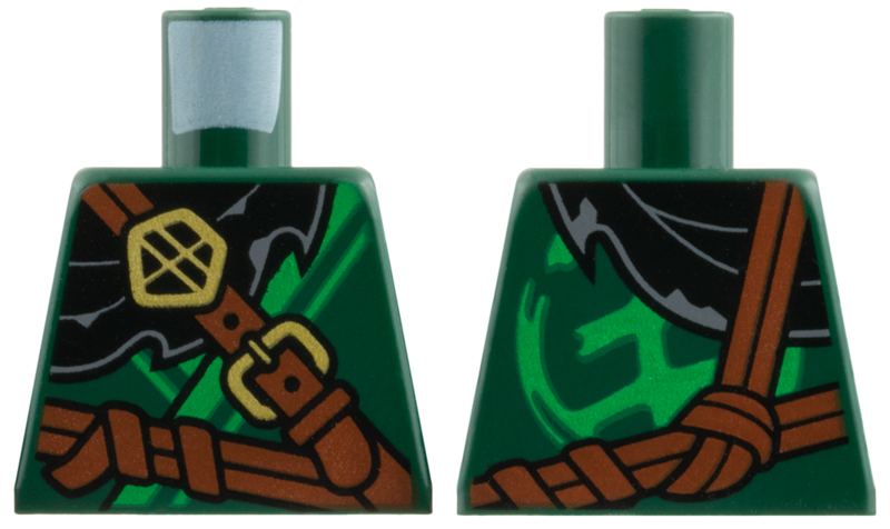 Lego Torso Tunic, Bright Green Hem, Black Scarf, Reddish Brown Belts, Gold Buckle and Ornament Pattern / Dark Green
