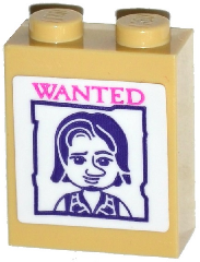 Lego Brick 1 x 2 x 2 with Inside Stud Holder with Dark Pink 'WANTED' and Disney Princess Flynn Rider Poster Pattern (Sticker) - Set 41065 / Tan