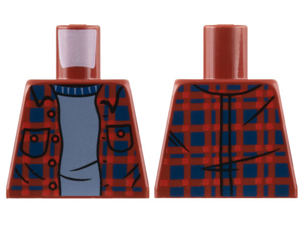 Lego Torso Plaid Flannel Shirt Open with Buttons, Pockets and Dark Blue Squares over Sand Blue Sweater Pattern / Dark Red