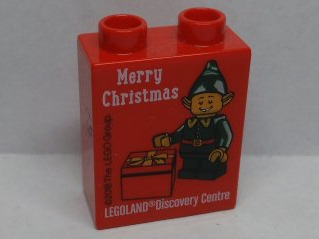 Lego Duplo, Brick 1 x 2 x 2 with Merry Christmas LEGOLAND Discovery Centre Elf 2018 Pattern / Red