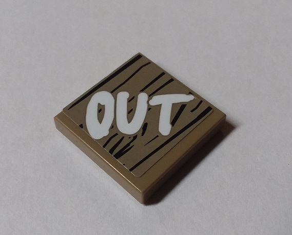 Lego Tile 2 x 2 with White 'OUT' on Wood Grain Background Pattern (Sticker) - Set 70640