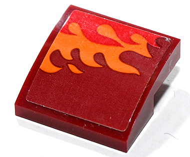 Lego Slope, Curved 2 x 2 x 2/3 with Orange and Red Flames Pattern Model Right Side (Sticker) - Set 80019 / Dark Red