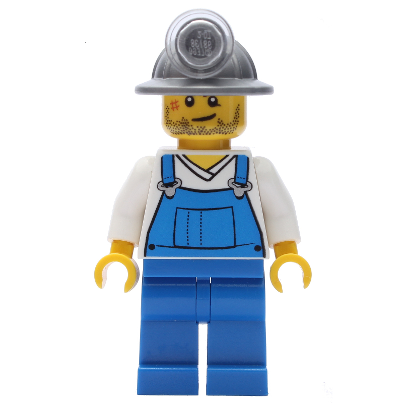 Lego Miner, Blue Overalls over White V-Necked Shirt, Mining Hat
