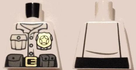 Lego Torso Police Shirt with White Undershirt, Gold Badge and Buckle, Black Belt with Pouches on Front, Lines on Back Pattern / White