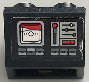 Lego Slope, Inverted 45 2 x 2 with Flat Bottom Pin with Control Panel with Buttons, Lights, Lever and White Screen with Crosshairs Pattern (Sticker) - Set 75096 / Black