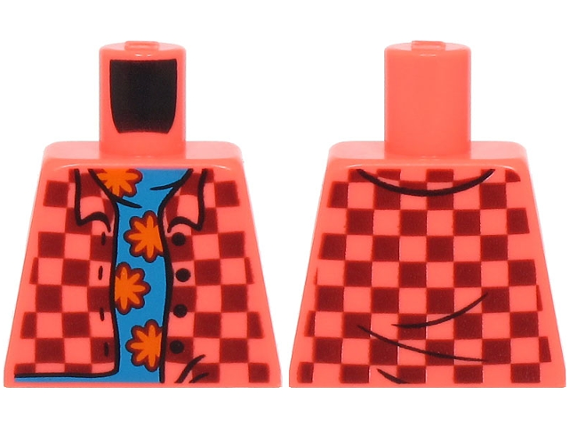 Lego Torso Plaid Shirt Open with Collar, Buttons and Dark Red Squares over Dark Azure Shirt with Orange Flowers Pattern (BAM)