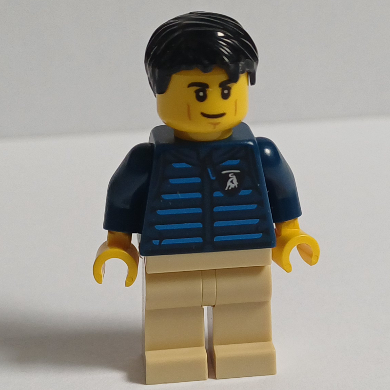 Lego Lamborghini Driver, Dark Blue Torso, Tan Legs, Black Hair