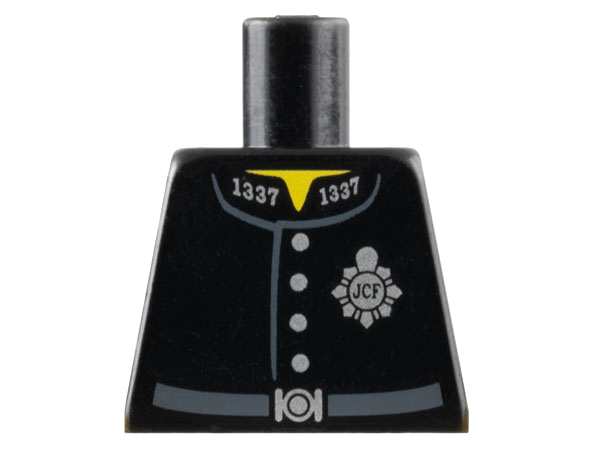 Lego Torso Police Uniform Jacket with Silver '1337' on Collar, Badge with 'JCF', and Buttons, Dark Bluish Gray Belt with Buckle, Yellow Neck Pattern / Black