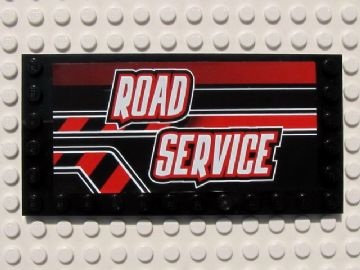 Lego Tile, Modified 6 x 12 with Studs on Edges with White 'ROAD SERVICE' on Black and Red Stripes Pattern Model Right (Sticker) - Set 8285 / Black