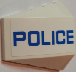 Lego Wedge 4 x 4 Triple Curved No Studs with Blue 'Police' Thin Font on White Background Pattern Model Right Side (Sticker) - Set 60049