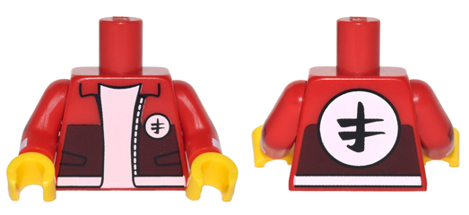 Lego Torso Jacket with Collar, Pockets, White Trim, White Circle Emblems with Asian Character Pattern / Red Arms with White Cuffs Pattern / Yellow Hands