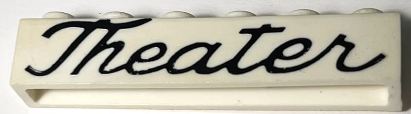 Lego Brick 1 x 6 without Bottom Tubes with Cross Side Supports with Black 'Theater' Script Pattern