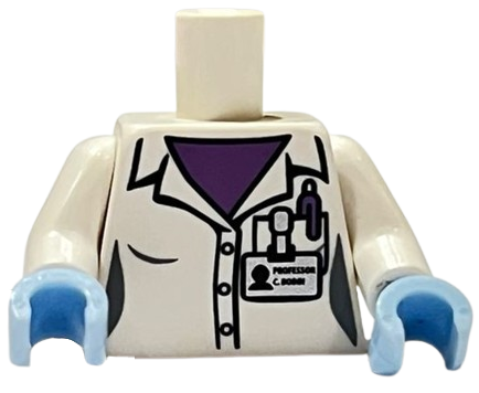 Lego Torso Female Lab Coat, Medium Lavender Shirt and Pen, 'PROFESSOR C BODIN' Name Tag Pattern / White Arms / Bright Light Blue Hands