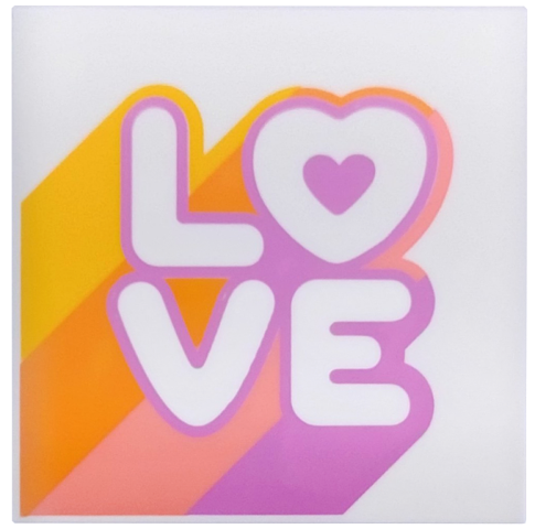 Lego Tile 4 x 4 with 'LOVE' on Bright Light Orange, Orange, Coral and Medium Lavender Diagonal Bands Pattern