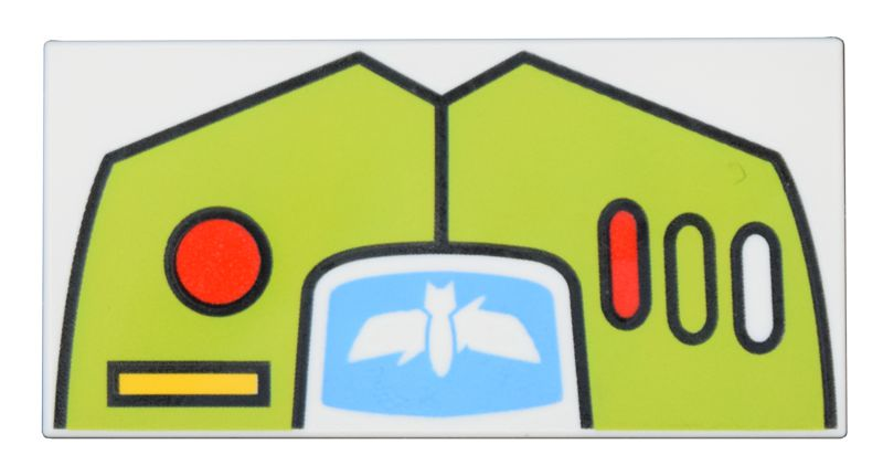 Lego Tile 2 x 4 with Lime Control Panel with Buttons, Red Dot and Yellow Rectangle, Star Command Logo on Medium Blue Background, Black Outline Pattern (Brickheadz Buzz Lightyear Spacesuit)
