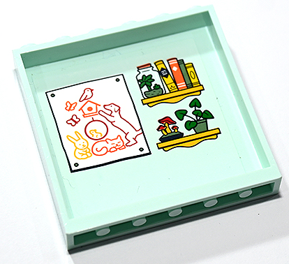 Lego Panel 1 x 6 x 5 with Bright Light Orange Shelves with Books, Green Plants, Red Mushrooms, Glass Jar, and Drawing of Animals and Birdhouse Pattern (Sticker) - Set 41730 / Light Aqua