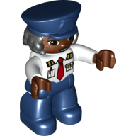 Lego Duplo Figure with Police Style Hat Dark Blue and Hair, with Dark Blue Legs, Pilot Shirt with Pockets and Red Tie Print / White