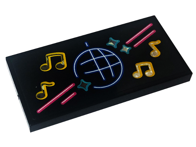 Lego Tile 2 x 4 with Neon Sign with Dark Pink Lines, Medium Azure Stars, Yellow Music Notes and Medium Blue Disco Ball Pattern (Sticker) - Set 41708