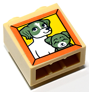 Lego Brick, Modified 1 x 2 x 1 2/3 with Studs on Side with Picture of Sand Green and White Dogs on Yellow Background in Orange Frame Pattern (Sticker) - Set 41730 / Tan