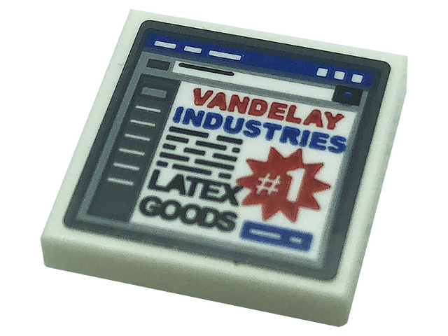 Lego Tile 2 x 2 with Monitor, 'VANDELAY INDUSTRIES', 'LATEX GOODS', and Number 1 Pattern (Sticker) - Set 21328 / White