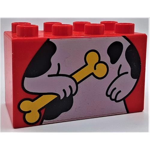 Lego Duplo Brick 2 x 4 x 2 with White Dog, Black Spots, Top Half Holding Bone Print
