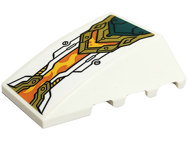 Lego Wedge 4 x 4 Triple Curved No Studs with Gold, White and Dark Turquoise Armor Plates, Screws and Bright Light Orange and Orange Flames Pattern (Sticker) - Set 80034 / White